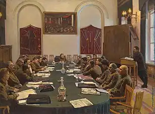 Socialist Realist - Assembly of the Revolutionary Military Council of the USSR, Chaired by Kliment Voroshilov; by Isaak Brodsky; 1929; oil on canvas; 95.5 x 129.5&nbsp;cm; private collection