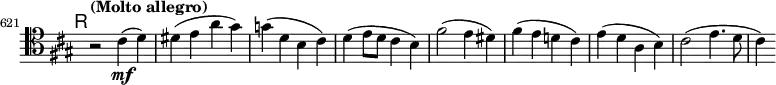 \relative c' \new Staff \with { \remove "Time_signature_engraver" } {
\key a \major \clef tenor
\set Staff.midiInstrument = "cello"
\set Score.tempoHideNote = ##t \tempo "(Molto allegro)" 2 = 108
\mark \markup \sans R
\time 2/2
\set Score.currentBarNumber = #621 \bar ""
r2 cis4\mf( d) | dis( e a gis) | g( d b cis) | d( e8 d cis4 b) | fis'2( e4 dis) |
fis( e d! cis) | e( d a b) | cis2( e4. d8 | cis4)
}