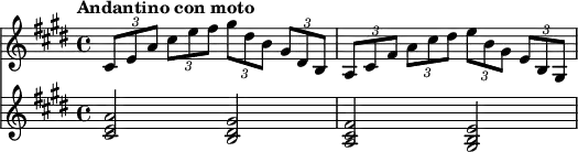 {
#(set-global-staff-size 16)
<<
\new Staff <<
\relative c' {
\clef treble \time 4/4 \key e \major
\tuplet 3/2 { cis8 e a } \tuplet 3/2 { cis e fis } \tuplet 3/2 {gis dis b } \tuplet 3/2 { gis dis b } \tuplet 3/2 { a cis fis } \tuplet 3/2 { a cis dis } \tuplet 3/2 { e b gis } \tuplet 3/2 { e b gis }
}
>>
\new Staff <<
\relative c' {
\clef treble \time 4/4 \key e \major
\tempo "Andantino con moto"
<cis e a>2 <b dis gis> <a cis fis> <gis b e>
}
>>
>> }