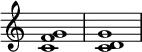 {
\override Score.TimeSignature #'stencil = ##f
\relative c' {
\clef treble
\time 4/4
\key c \major
<c f g>1 <c d g>1
} }