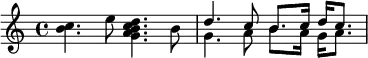 {
<< \clef treble
\relative c'' {
\time 4/4
\stemNeutral <b c>4. e8 <g, a b c d>4. b8
\stemUp d4. c8 b8. c16 d c8.
} \\ \relative c'' {
s1
g4. a8 b8. a16 g a8.
}
>>
}