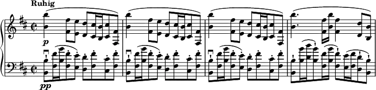 { \new PianoStaff <<
\new Staff \relative b' { \set Score.tempoHideNote = ##t \tempo "Ruhig" 2 = 48 \set Staff.midiInstrument = #"piano" \key b \minor \clef treble \time 2/2
<b b'>4 \p ( <fis fis'>8 <e e'>8 <d d'>8 <cis cis'>16 <b b'>16 <cis
cis'>8 <fis, fis'>8 ) \noBreak | % 2
<b' b'>4 ( <fis fis'>8 <e e'>8 <d d'>8 <cis cis'>16 <b b'>16 <cis
cis'>8 <fis, fis'>8 ) \noBreak | % 3
<b' b'>4 ( <fis fis'>8 <e e'>8 <d d'>8 <cis cis'>16 <b b'>16 <cis
cis'>8 <fis, fis'>8 ) \noBreak | % 4
<b' b'>4. ( <fis fis'>16 <b b'>16 <fis fis'>4 <d d'>8 <b b'>8 ) }
\new Staff \relative b, { \set Staff.midiInstrument = #"piano" \key b \minor \clef bass \time 2/2
<b b'>8 \pp -! \downbow <fis'
fis'>16 ( <b b'>16 <fis fis'>8 -. <e e'>8 ) -. <d d'>8 -. <fis
fis'>8 -. <cis cis'>8 -. <fis fis'>8 -. | % 2
<b, b'>8 -! \downbow <fis' fis'>16 ( <b b'>16 <fis fis'>8 -. <e e'>8
) -. <d d'>8 -. <fis fis'>8 -. <cis cis'>8 -. <fis fis'>8 -. | % 3
<b, b'>8 -! \downbow <fis' fis'>16 ( <b b'>16 <fis fis'>8 -. <e e'>8
) -. <d d'>8 -. <fis fis'>8 -. <cis cis'>8 -. <fis fis'>8 -. | % 4
<b, b'>8 -! <b' b'>16 ( <d d'>16 <b b'>8 ) -! <fis fis'>16 ( <b b'>16
<fis fis'>8 ) -! <e e'>16 ( <fis fis'>16 <d d'>8 -! <b b'>8 ) -! }
>> }