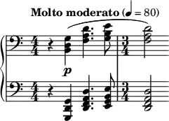 { \new PianoStaff << \new Staff \relative c' { \clef bass \numericTimeSignature \time 4/4 \tempo "Molto moderato" 4 = 80 r <g d b>\p( <d' a f>4. <e b g>8 | \time 3/4 <d a f>2) } \new Staff \relative c { \clef bass \numericTimeSignature \time 4/4 r4 <g d g,> <d' a f d>4. <e b g e>8 | \time 3/4 <d a f d>2 } >> }