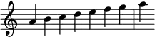{
\override Score.TimeSignature #'stencil = ##f
\relative c'' {
\clef treble
\time 7/4 a4 b c d e f g a
} }