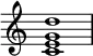 {
\override Score.TimeSignature #'stencil = ##f
\relative c' {
\clef treble
\time 4/4
\key c \major
<c e g d'>1
} }