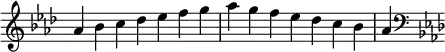 {
\omit Score.TimeSignature \relative c'' {
\key aes \major \time 7/4 aes bes c des es f g aes g f es des c bes aes
\clef F \key aes \major
} }