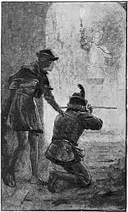 The crossbow man aimed at the unsuspecting target.