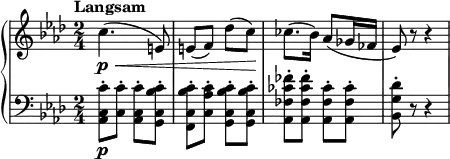 \relative c'' {
\new PianoStaff <<
\new Staff {
\set Staff.midiInstrument = #"piano" \key aes \major \clef treble \time 2/4 \set Score.tempoHideNote = ##t \tempo "Langsam" 4 = 45
c4. \p \< (e,8) |
e8 (f8) des'8 ( c8 \! ) |
ces8. (bes16) as8 ( ges16 fes16 |
es8) r8 r4 |
}
\new Staff {
\clef bass \key aes \major
< as,, c c'>8 \p -. <c c'>8 -. < as c c'>8 -. < g c bes' c>8 -. |
< f c' bes' c>8 -. <c' as' c>8 -. < g c bes' c>8 -. < g c bes' c>8 -. |
< as fes' ces' fes>8 -. < as fes' ces' fes>8 -. < as fes' ces'>8 -. < as fes' ces'>8 -. |
< bes g' des'>8 -. r8 r4 |
}
>>
}