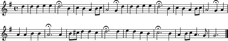 \new Staff <<
\clef treble
\new Voice = "Soprano"
{ \key g \major \tempo 4=108 \set Staff.midiInstrument = "oboe" {
\set Score.tempoHideNote = ##t
\override Score.BarNumber #'transparent = ##t
\time 4/4
\relative c'' { \partial 4 d | d4 d e e | d2.\fermata b4 | c b a b8 c | a2 g4\fermata }
\relative c'' { \partial 4 d | d4 d e e | d2.\fermata b4 | c b a b8 c | a2 g4\fermata }
\relative c'' {
a4 | a a b b | a2.\fermata a4 | b8 cis d4 d cis | d2.\fermata d4 | e d c b | c2.\fermata b4 | a b8 c a4. g8 | g2. \bar "|."
}
}
}
>>
