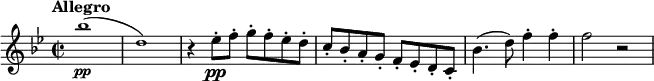 \relative c''' {
\tempo "Allegro"
\tempo 2 = 90
\set Staff.midiInstrument = #"violin"
\key bes \major
\time 2/2
\tiny bes1\pp (| d,) | \normalsize r4 es8-.\pp f-. g-. f-. es-. d-. | c-. bes-. a-. g-. f-. es-. d-. c-. | bes'4. (d8) f4-. f-. | f2 r
}