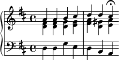\new PianoStaff <<
\new Staff <<
\new Voice \relative c'' {
\stemUp \clef treble \key d \major \time 4/4
a4 a b cis d d cis\fermata
}
\new Voice \relative c' {
\stemDown
<d fis>4 <d fis> <d g> <e g> <fis a> <d gis> <e a>
}
>>
\new Staff <<
\relative c {
\clef bass \key d \major \time 4/4
d4 d g e d b a
}
>>
>>