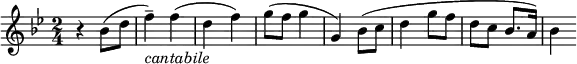 \header{
title = "Seventeen Come Sunday"
}
\relative c''
{
\key g \minor
\time 2/4 \set Score.tempoHideNote = ##t \tempo 4 = 120
r4 bes8 (d8 f4--_\markup{\italic "cantabile"}) f4 (d4 f4) g8 (f8 g4 g,4) bes8 (c8 d4 g8 f8 d8 c8 bes8. a16) bes4
}