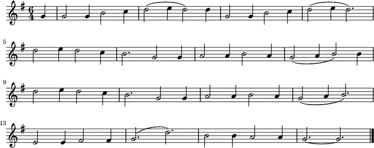 \new Staff <<
\autoBeamOff
\time 6/4
\key g \major
\partial 4
\relative c' { \set Staff.midiInstrument = #"clarinet"
g'4 | g2 g4 b2 c4 | d2 ( e4 d2 ) d4 | g,2 g4 b2 c4 | d2 ( e4 d2. ) \break |
d2 e4 d2 c4 | b2. g2 g4 | a2 a4 b2 a4 | \stemUp g2 ( a4 b2 ) \stemNeutral b4 \break |
d2 e4 d2 c4 | b2. g2 g4 | a2 a4 b2 a4 | \stemUp g2 ( a4 b2. ) \break |
\stemNeutral e,2 e4 fis2 fis4 | g2. ( d'2. ) | b2 b4 a2 a4 | g2. ~ g2. \bar "|."
}
>>
\layout { indent = #0 }
\midi { \tempo 4 = 170 }