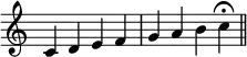 {
\new Staff \with { \remove "Time_signature_engraver" }
\relative c'{ c d e f g a b c\fermata \bar "||" }
}