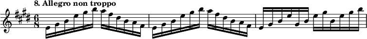 %etude8
\relative e'
{
\set Staff.midiInstrument = #"violin"
\time 6/8
\tempo "8. Allegro non troppo"
\key e \major
e16 gis b e gis b a fis dis b a fis | e16 gis b e gis b a fis dis b a fis | e gis b e gis, b e gis b, e gis b |
}