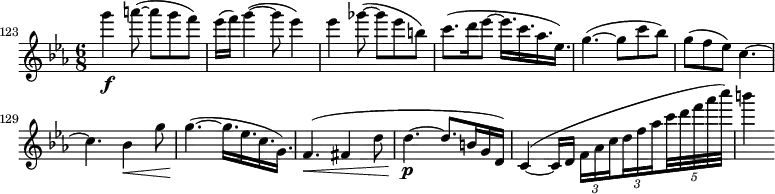 \relative c''' \new Staff {
\key es \major \clef "treble"
\set Staff.midiInstrument = "violin"
\set Score.tempoHideNote = ##t \tempo 4 = 96
\set Score.currentBarNumber = #123 \bar ""
\time 6/8
g'4\f a8( ~ a g f) | es16( f) g4( ~ g8 es4) | es ges8( ~ ges es b) |
c8.( d16 es8 ~ es16. c as es) | g4.( ~ g8 c bes) | g( f es) c4. ~ | c bes4\< g'8 |
\set tupletSpannerDuration = #(ly:make-moment 1 8)
\set subdivideBeams = ##t
\override TupletBracket #'stencil = ##f
g4.\!( ~ g16. es c g) | f4.\<( fis4 d'8 | d4.\p( ~ d8. b16 g d) | c4\<( ~ c16 d \times 2/3 { f as c d f as } \times 4/5 { c32 d f as c) } | b4
}
