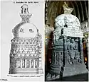 The sculptured dagoba (stupa) in the worship hall. It has 36 carved panels.