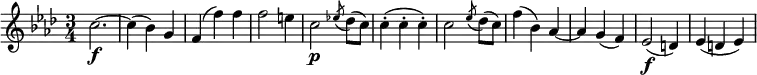 { \tempo 4 = 150 \set Score.tempoHideNote=##t \set Staff.midiInstrument = "violin" \relative c'' { \key f \minor \time 3/4
c2.~ \f| c4( bes) g | f4( f') f | f2 e4 | c2 \p \acciaccatura es!8 des8( c) | c4-.( c-. c-.) |
c2 \acciaccatura es8 des8( c) | f4( bes,) as~ | as4 g( f) | es2( \f d4) | es4( d es) }}