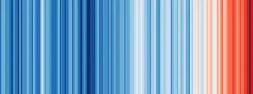 a series of thin vertical stripes in various shades of blue and red, showing more blues at the left end and more reds at the right end to represent global warming