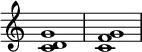 {
\override Score.TimeSignature #'stencil = ##f
\relative c' {
\clef treble
\time 4/4
\key c \major
<c d g>1
<c f g>1
} }