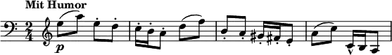 {
\set Staff.midiInstrument = #"cello"
\transposition c
\time 2/4
\tempo "Mit Humor"
\set Score.tempoHideNote = ##t \tempo 4 = 90
\clef bass
\once\hideNotes\grace c64
\once\override Staff.Clef.X-extent = #'(1 . 2)
\clef treble
e''8\p( a'') e''-. d''-. c''16-. b'-. a'8-. d''( f'') b'-. a'-. gis'16-. fis'-. e'8-. a'( c'') c'16\marcato b a8
}