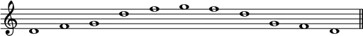 \relative c' {
\cadenzaOn \omit Staff.TimeSignature
\tempo 1 = 90 \set Score.tempoHideNote = ##t
d1 f g d' f g f d g, f d \bar "||"
}