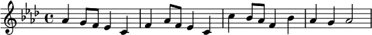 {\key aes \major aes'4 g'8 f'8 ees'4 c'4 f'4 aes'8 f'8 ees'4 c'4 c''4 bes'8 aes'8 f'4 bes'4 aes'4 g'4 aes'2}