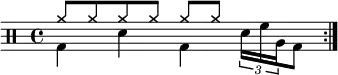 \new Staff <<
\new voice \relative c' {
\clef percussion
\time 4/4
\set Score.tempoHideNote = ##t \tempo 4 = 100
\stemDown \repeat volta 2 { g4 d' g, \tuplet 3/2 { d'16 f a, } g8 }
}
\new voice \relative c'' {
\override NoteHead.style = #'cross
\stemUp \repeat volta 2 { a8 a a a a a s s }
}
>>