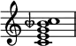 {
\override Score.TimeSignature #'stencil = ##f
\relative c' {
\clef treble
\time 4/4
<c e g beseh c>1
} }