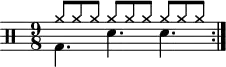 \version "2.22.0"
\header { tagline = ##f}
\score {
\drums \with {midiInstrument = "drums"}
\with { \numericTimeSignature }
{
\time 9/8
\repeat volta 2 {
<<{cymra8 cymra cymra cymra cymra cymra cymra cymra cymra }\\{bd4. sne sne }>>\break
}
}
\layout {}
}
\score {
\unfoldRepeats {
\drums \with {midiInstrument = "drums"}{
\repeat volta 2 {
<<{cymra8 cymra cymra cymra cymra cymra cymra cymra cymra }\\{bd4. sne sne }>>\break\break
}
}
}
\midi { \tempo 4 = 100 }
}