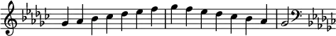 {
\omit Score.TimeSignature \relative c'' {
\key ges \major \time 7/4 ges aes bes ces des es f ges f es des ces bes aes ges2
\clef F \key ges \major
} }