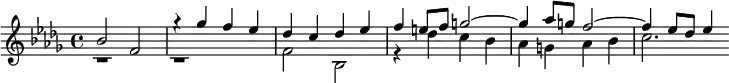 \new PianoStaff <<
\new Staff = "up"
<<
\clef treble \key bes \minor \time 4/4
\new Voice \relative c'' {
\voiceOne
bes2 f g'4\rest ges f ees
des c des ees f e8 f g2~ g4 aes8 g f2~ f4 ees8 des ees4
}
\new Voice \relative c' {
\voiceTwo
b1\rest b1\rest
f'2 bes, r4 des' c bes aes g aes bes c2.
}
>>
>>
