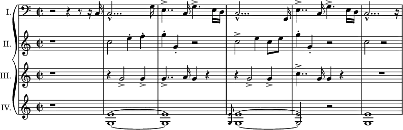\relative c {
\new PianoStaff <<
\new Staff {
\set Staff.instrumentName = "I." \set Staff.midiInstrument = #"piano" \key c \major \clef bass \time 2/2 \set Score.tempoHideNote = ##t \tempo 2 = 60
r2 r4 r8 r16 c16 |
c2... -^ g'16 |
e4.. -> c16 g'4. -> e16 d16 |
c2... -^ g16 |
e'4.. -> c16 g'4. -> e16 d16 |
c2... -^ r16 |
}
\new Staff {
\set Staff.instrumentName = "II." \set Staff.midiInstrument = #"piano" \key c \major \clef treble \time 2/2
r1 |
c''2 e4 -. f4 -. |
g4 -. g,4 -. r2 |
c2 -> e4 c8 e8 |
g4 -. g,4 -. r2 |
c2 r2 |
}
\new Staff {
\set Staff.instrumentName = "III." \set Staff.midiInstrument = #"piano" \key c \major \clef treble \time 2/2
r1 |
r4 g2 -> g4 -> |
g4.. -> a16 g4 r4 |
r4 g2 -> g4 -> |
c4.. -> g16 g4 r4 |
R1 |
}
\new Staff {
\set Staff.instrumentName = "IV." \set Staff.midiInstrument = #"piano" \key c \major \clef treble \time 2/2
r1 |
<g, e'>1 ~ |
<g e'>1 |
\grace { <g e'>8 } <g e'>1 ~ |
<g e'>2 r2 |
<g e'>1 |
}
>>
}