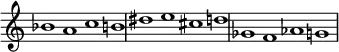 {
#(set-global-staff-size 17.5)
\override Score.TimeSignature
#'stencil = ##f
\override Score.SpacingSpanner.strict-note-spacing = ##t
\set Score.proportionalNotationDuration = #(ly:make-moment 3/1)
\relative c'' {
\time 4/1
\set Score.tempoHideNote = ##t \tempo 1 = 60
bes1 a c b!
dis e cis d
ges, f aes g
}
}