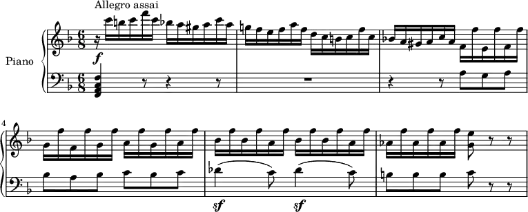 \header {
tagline = ##f
}
upper= \relative c' {
\clef treble
\key f \major
\time 6/8
\set Staff.midiInstrument = #"piano"
r16\f^\markup { Allegro assai} c''16 b c f c bes a gis a c a
g! f e f a f d c b c f c
bes! a gis a c a f f' e, f' f, f'
g, f' f, f' g, f' a, f' g, f' a, f'
bes, f' bes, f' a, f' bes, f' bes, f' a, f'
aes, f' aes, f' aes, f' <g, e'>8 r8 r8
}
lower=\relative c { \set Staff.midiMaximumVolume = #0.7
\clef bass
\key f \major
\numericTimeSignature
\time 6/8
<f, a c f>4 r8 r4 r8
R2.
r4 r8 a'8 g a
bes a bes c bes c
des4\sf (c8) des4\sf (c8)
b8 b b c r8 r8
}
\score {
\new PianoStaff \with { instrumentName = #"Piano" }
<<
\new Staff = "upper" \upper
\new Staff = "lower" \lower
>>
\layout { }
\midi { } }