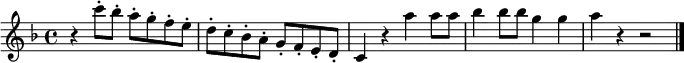 \relative c''' {
\key f \major
r4 c8-. bes-. a-. g-. f-. e-. |
d8-. c-. bes-. a-. g-. f-. e-. d-. |
c4 r a'' a8 a |
bes4 bes8 bes g4 g |
a4 r r2 | \bar "|."
}