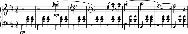 \relative b' {
\new PianoStaff <<
\new Staff { \key b \minor \time 3/4 \set Score.tempoHideNote = ##t \tempo 4 = 120
\tempo \markup { \column { \line { Moderate waltz tempo } } }
r2 s4 r2 s4 \slashedGrace fis'8( <fis a>2.\pp)\( \slashedGrace d8( <d fis>2.) \slashedGrace a8( <a d>2.)\) <d fis>4( <fis b>8) r <fis b>4 <g b>2.( <a cis>2. <e g>2.~) <e g>2 r4
}
\new Dynamics { }
\new Staff { \key b \minor \time 3/4 \clef bass
d,,4\pp <a' d fis> <a d fis> d, <a' d fis> <a d fis> d, <a' d fis> <a d fis> d, <a' d fis> <a d fis> d, <a' d fis> <a d fis> d, <a' d fis> <a d fis> e <a cis g'> <a cis g'> a, <a' e' g> <a e' g> cis, <a' e' g> <a e' g> a, <a' cis g'> <a cis g'>
}
>>
}