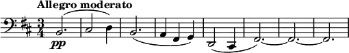 \relative c {
\tempo "Allegro moderato"
\key b \minor
\time 3/4
\clef bass
\set Staff.midiInstrument = "cello"
\bar ""
b2.\pp (| cis2 d4) | b2. (| a4 fis g) | d2 (cis4 | fis2.~) | fis2.~ | fis2.
}