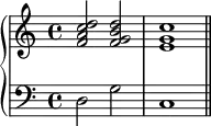 {
\new PianoStaff <<
\new Staff <<
\relative c' {
\clef treble \key c \major \time 4/4
<f a c d>2 <f g b d> <e g c>1
}
>>
\new Staff <<
\relative c {
\clef bass \key c \major \time 4/4
d2 g2 c,1 \bar "||"
}
>>
>>
}