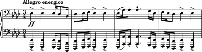 \relative c {
\new PianoStaff <<
\new Staff { \key aes \major \tempo "Allegro energico" \time 3/4 \clef bass
es4-> es-> es16 des8 bes16 des8 es16 f es4-> es-> es16( aes) aes8-. aes4.-^ g16 es f es des8 es4-> es->
}
\new Dynamics {
s2-\ff
}
\new Staff { \key aes \major \time 3/4 \clef bass
<es, es,>4-> <es es,>-> <es es,>16 <des des,>8 <bes bes,>16
<des des,>8 <es es,>16 <f f,> <es es,>4-> <es es,>->
<es es,>16( <aes aes,>) <aes aes,>8-. <aes aes,>4.-^ <g g,>16 <es es,>
<f f,> < es es,> <des des,>8 <es es,>4-> <es es,>->
}
>>
}