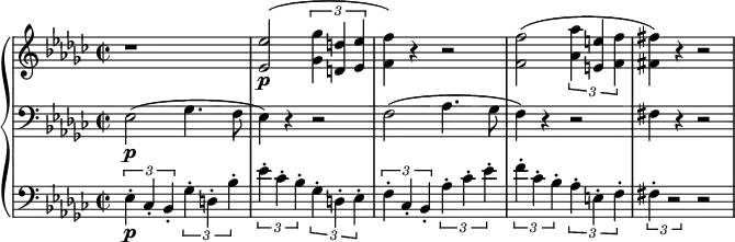 \relative c' {
\new PianoStaff <<
\new Staff {
\set Staff.midiInstrument = #"piano" \key ees \minor \clef treble \time 2/2 \set Score.tempoHideNote = ##t \tempo 2 = 55
r1 |
<es es'>2 \p (\tuplet 3/2 { <ges ges'>4 <d d'>4 <es es'>4 } |
<f f'>4) r4 r2 |
<f f'>2 (\tuplet 3/2 { <as as'>4 <e e'>4 <f f'>4 } |
<fis fis'>4) r4 r2 |
}
\new Staff {
\clef bass \key ees \minor
es,2 \p (ges4. f8 |
es4) r4 r2 |
f2 (as4. ges8 |
f4) r4 r2 |
fis4 r4 r2 |
}
\new Staff {
\clef bass \key ees \minor
\tuplet 3/2 { es4 -. \p ces4 -. bes4 -. } \tuplet 3/2 { ges'4 -. d4 -. bes'4 -. } |
\tuplet 3/2 { es4 -. ces4 -. bes4 -. } \tuplet 3/2 { ges4 -. d4 -. es4 -. } |
\tuplet 3/2 { f4 -. ces4 -. bes4 -. } \tuplet 3/2 {as'4 -. ces4 -. es4 -. } |
\tuplet 3/2 { f4 -. ces4 -. bes4 -. } \tuplet 3/2 {as4 -. e4 -. f4 -. } |
\tuplet 3/2 { fis4 -. r2 } r2 |
}
>>
}