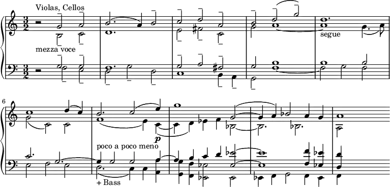 { \new PianoStaff <<
\new Staff \relative c' { \key c \major \time 3/2 \clef treble << { b'2\rest ^"Violas, Cellos"_"mezza voce" g2-- a2-- | b2. (a4) b2-- | c2-- d2-- a2-- | b2-- d2-- (g2--) | d1._"segue" | c1 d4 (c4) | b2._"poco a poco meno" c2 (e4)\p | g1 g,2 ~ (| g4 a4) bes2 a4 g4 | a1 } \\ { s2 b,2-- c2-- | d1. | e2-- fis2 -- c2-- | g'2 a1 ~| a1 g4. (a8) | g2 (c,2) c2 | f1 (e4) c4 ~ (| c4 d4) es4 f4 bes,2 ~ | bes2. bes2. | a2 s2 } >> }
\new Staff \relative c { \key c \major \time 3/2 \clef bass << { d2\rest g2-- g2-- | f1. | g2-- a2-- fis2-- | g2 b1 | b1 b2 | c2. g2. ~ | g4 g2 g2 a4 ~ | a4 b4 c4 d4 <es es,>2 ~ | <es es,>1 <f f,>4 <es es,>4 | <d d,>4 s2. } \\ { s2 f,2-- e2-- | d2-- g2-- d2-- | c1 b4-- a4-- | g2-- f'1 ~| f2 g2 f2 | e2 f2 e2 | d2._"+ Bass" (c4) c4 <a' a,>4 | <g g,>4 <f f,>4 <es es,>2 es,2 | es4 f4 g2 f4 es4 | f4 s2. } >> } >> }