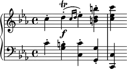 {
\override Score.SpacingSpanner.strict-note-spacing = ##t
\set Score.proportionalNotationDuration = #(ly:make-moment 1/8)
\new PianoStaff <<
\new Staff <<
\relative c'' {
\clef treble \key c \minor \time 4/4
c4-. d-.(\f\trill \grace {c16 d} es4-.) <b d b'>-. <c es c'>
}
>>
\new Staff <<
\relative c' {
\clef bass \key c \minor \time 4/4
c4-. <g b>-. <c, c'>-. <g g'>-. <c, c'>
}
>>
>> }
