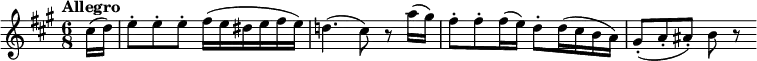 \new Score {
\new Staff = "clarinet" {
\transpose c a
\relative c' {
\set Staff.midiInstrument = #"clarinet"
\clef treble
\key c \major
\time 6/8
\tempo "Allegro"
\set Score.tempoHideNote = ##t
\tempo 8 = 240
\partial 16*2 e16( f) | g8-. g-. g-. a16( g fis g a g) |
f!4.( e8) r c'16( b) | a8-. a-. a16( g) f8-. f16( e d c) |
b8-.( c-. cis-.) d r
}
}
}