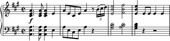 \relative g'' {
\new PianoStaff <<
\new Staff { \key a \major \time 2/2
\set Score.tempoHideNote = ##t
\tempo "" 2. = 64
<cis,, e a>4.\f <cis e a>8 <cis e a>4 e a8 e cis e a4 r8 \times 2/3 { b16( cis d) } <e, b' e>2 <fis b fis'> <e b' e>4 e8 e e4 e
}
\new Staff { \key a \major \time 2/2 \clef bass
<a,, e' a>4. <a e' a>8 <a e' a>4 e' a8 e cis e a4 r <gis b d>2 <a b d> <gis b d>4 r r2
}
>>
}