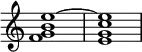 {
\override Score.TimeSignature #'stencil = ##f
\relative c' {
\time 4/4
<f g b e~>1 <e g c e>
}
}