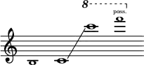 {
\new Staff \with { \remove "Time_signature_engraver" }
\clef treble \key c \major \cadenzaOn
\tweak font-size #-2 b1
c'1 \glissando \ottava #+1 c''''1
\tweak font-size #-2 f''''1 \finger \markup \text "poss."
}
