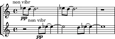 \new StaffGroup <<
\new Staff \relative c'' {
\set Staff.midiInstrument = #"violin"
\set Score.tempoHideNote = ##t \tempo 4 = 60
\bar ""
\override TextScript #'X-offset = #-5
es8\pp^"non vibr" d~ d2. |es8 d~ d2.|r1|
}
\new Staff \relative c'' {
\set Staff.midiInstrument = #"violin"
\override TextScript #'X-offset = #-5
r2 d8\pp^"non vibr" es~ es4~ | es2 d8 es~ es4~| es1 |
}
>>
