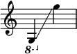 {
\override Score.SpacingSpanner.strict-note-spacing = ##t
\set Score.proportionalNotationDuration = #(ly:make-moment 1/8)
\override Score.TimeSignature #'stencil = ##f
\relative c {
\time 2/4
\ottava #-1 g4 \glissando \ottava #0 g'''
}
}
