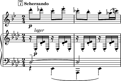 <<
\new Staff="clar" \relative c'' {
\transposition bes
\set Staff.midiInstrument = #"clarinet"
\clef treble
\time 2/4
\key bes \major
\mark \markup { \box "7" \bold \small "Scherzando"}
d'8-.\p des-. c-. ees-. | ces8-. bes-. a-. aes16( c)
}
\new PianoStaff {
<<
\new Staff="one" \relative c {
\clef treble
\key aes \major
\time 2/4
r16 ees-.\p^\markup { \italic "leger" } << ees' des-. >> ees,-.
\repeat unfold 3 { r16 ees-. << ees' des-. >> ees,-. }
}
\new Staff="two" \relative c {
\clef bass
\key aes \major
\time 2/4
<< { des2--~ | des2 } \\
{ r4 ees,-.( | aes,4-. ees'-.) } >>
}
>>
}
>>